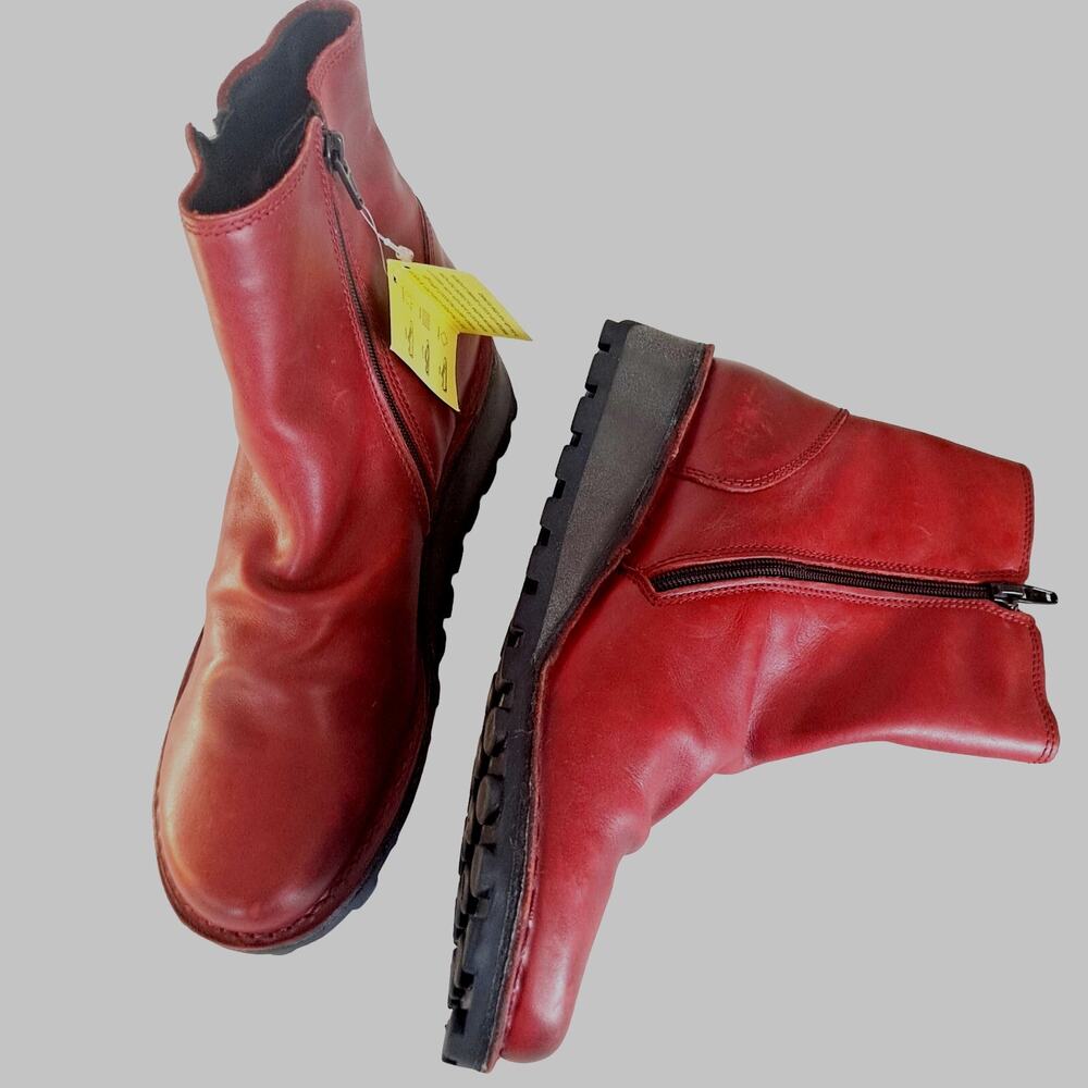 FLY London MON 944FLY Red Wine Rug Leather Zips Ankle Boot Wedge US 10 EU 41 NEW
